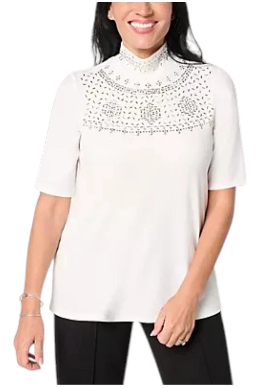 Susan Graver Women's Embellished Mock-Neck Top Cream - Regular